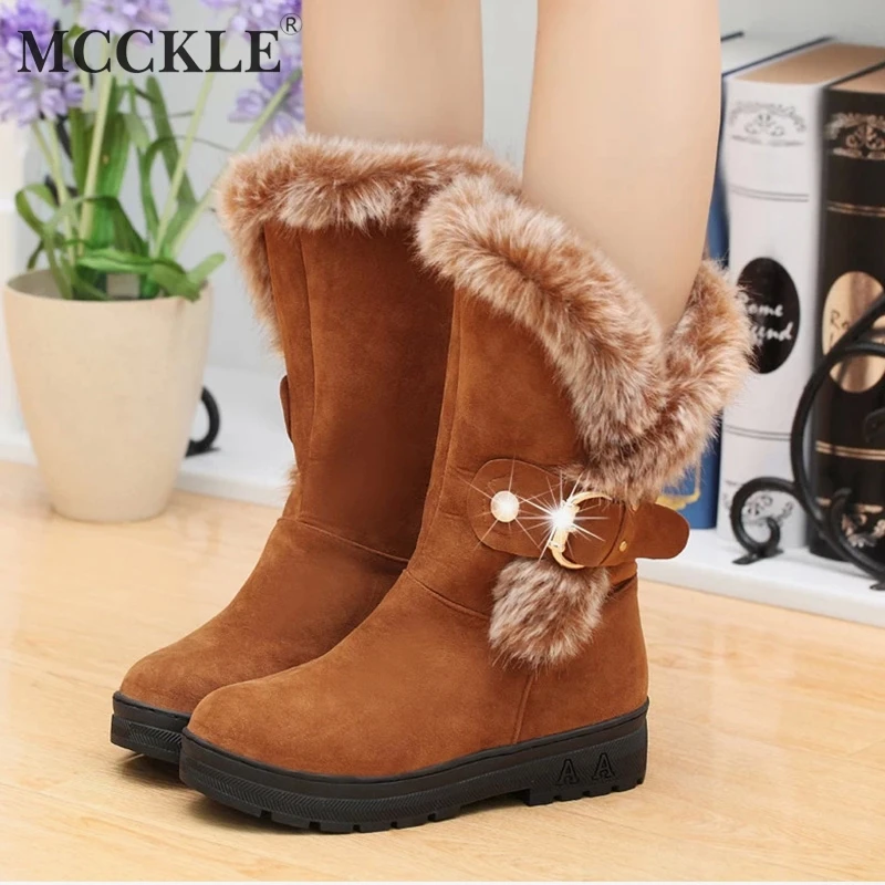 

MCCKLE Women Snow Boots Winter Female Flock Warm Platform Woman Buckle Comfortable Mid Calf Booties Fashion Leather Shoes Donna