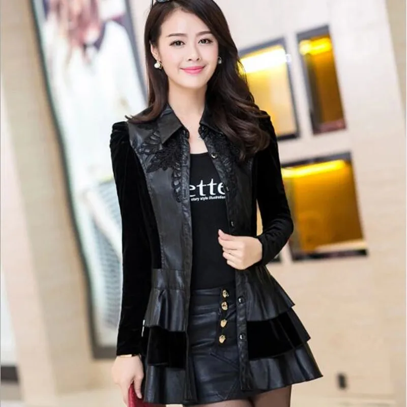 Noir Taille En Nouvelle Veste Pu De Décontracté Grande Longs L Robe Femmes Couture Volants 2019 Cuir Automne Mode Qv511 Revers 4xl wI8gWT