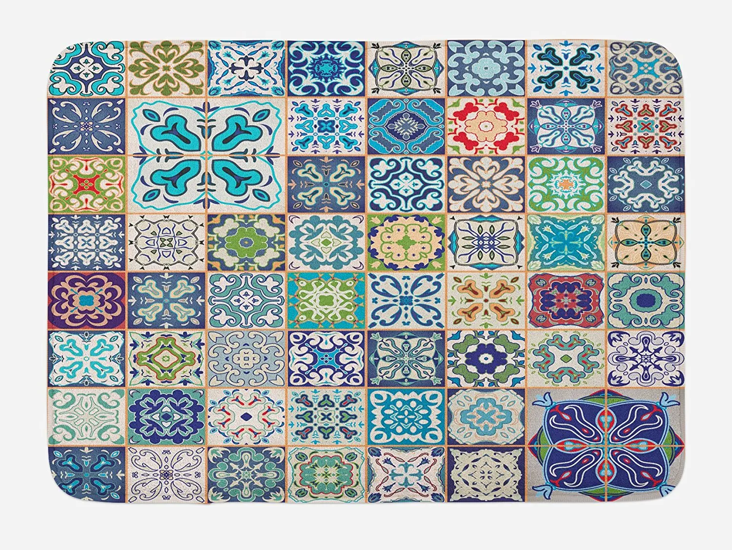 

Moroccan Bath Mat Floral Patchwork Design with Arabesque Figure Mediterranean Symbolic Artisan Work