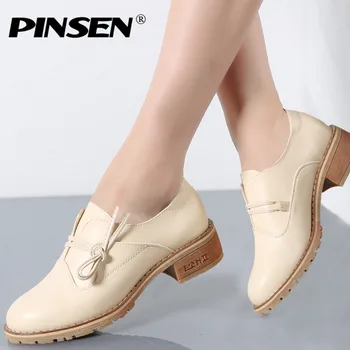 

PINSEN 2020 Spring Women Platform Shoes Womens Casual Shoes Leather Flats Platform Shoes Woman Flats Ladies Lace up Creepers