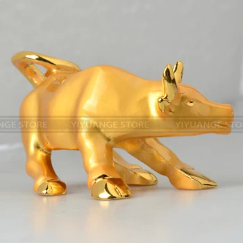 

alloy golden Wall Street Bull Ox Figurine Charging Stock Market Bull Statue Feng Shui Sculpture figurines Home Office Decor