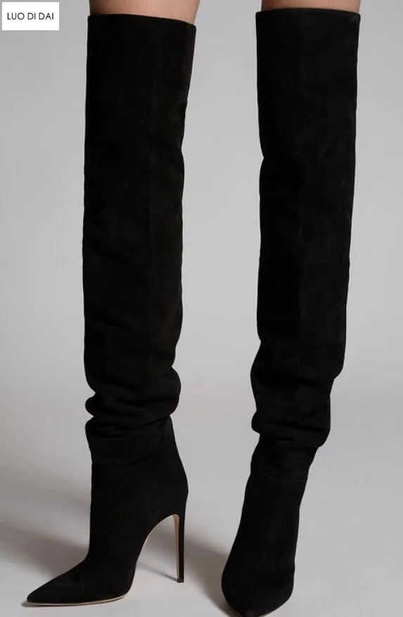 

2018 new women thigh high boots over knee booties black leather women winter boots ladies point toe long suede boots slip on