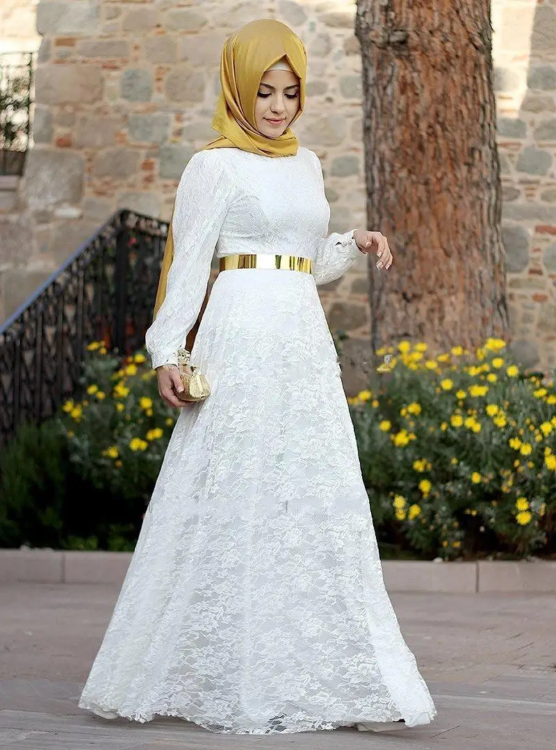 

White Muslim Evening Dresses A-line Long Sleeves Lace Scarf Sash Islamic Dubai Saudi Arabic Long Formal Evening Gown Prom