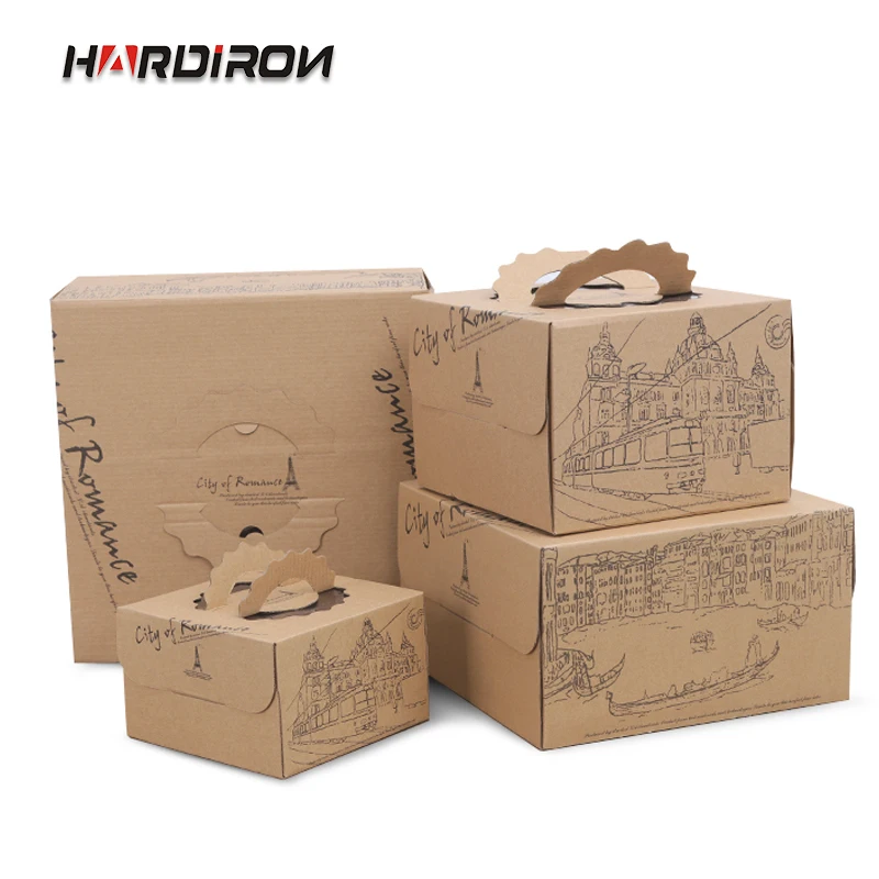 

21x21x15.5cm 10pcs High quality Iron tower hand little clear window Kraft paper cake boxes Pack Dim sum birthday cake gaine case