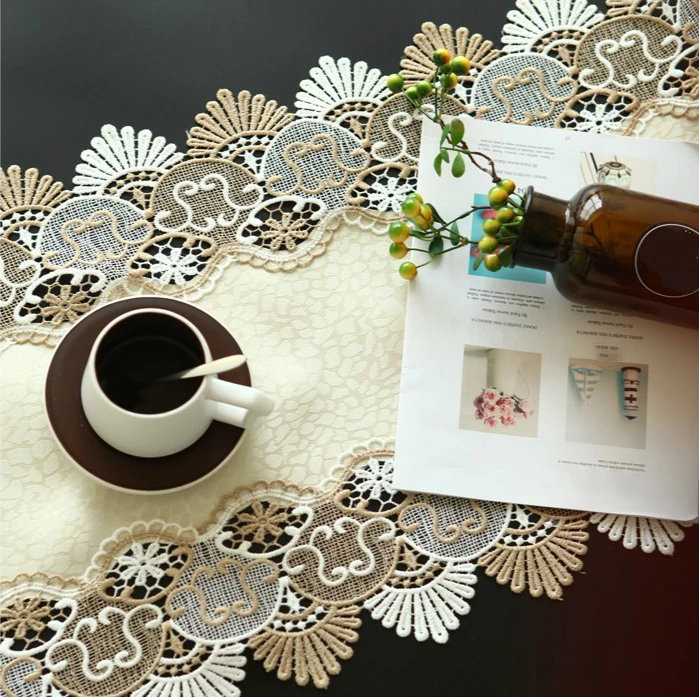 European Style Simple Water Soluble Lace Jacquard Fabric Table Runner Mats Mat Coffee Table Champagne Gold Table Flag Pad European Style Simple Water Soluble Lace Jacquard Fabric Table Runner Mats Mat Coffee Table Champagne Gold Table Flag Pad