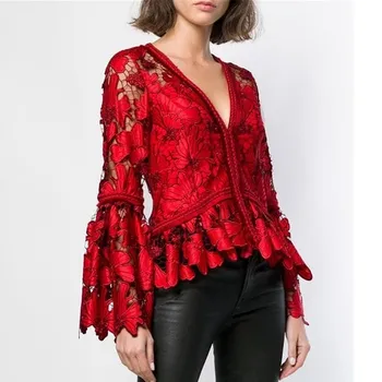 

2019 New Spring Style Red Color Petal Sleeve V-Neck Tops Fashion V-Neck Appliques Runway Tops