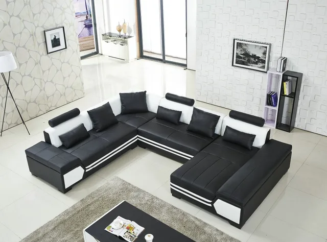 Large U shaped sofa black leather couch living room sofa