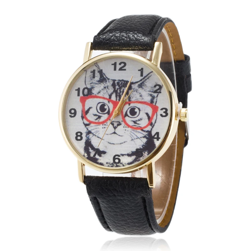 Fashion Womens Ladies Dial Watch Cute Lovely Cat Pattern Casual Faux Leather Band Quartz Analog Dress Students Wrist Watch Clock