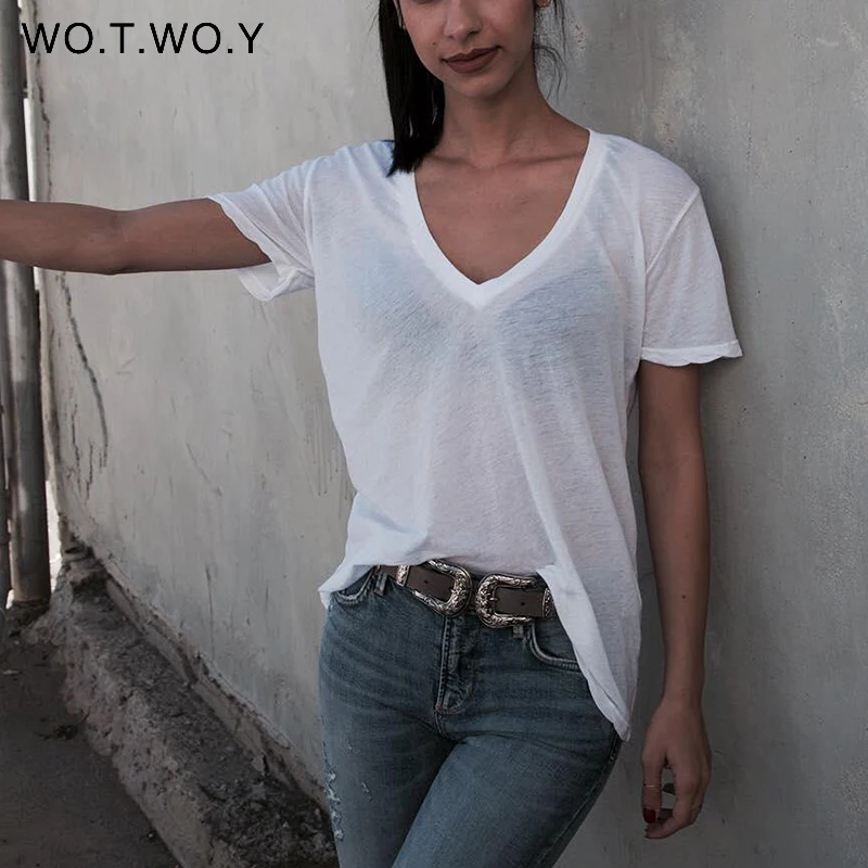 WOTWOY Summer V Neck White T shirts Casual Women Solid Basic Tee Shirt