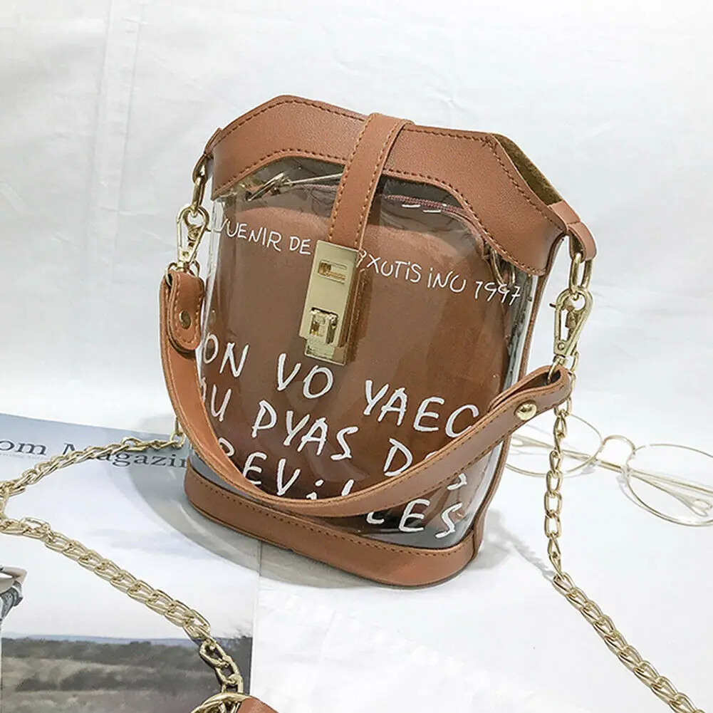 

New Style Women Clear Transparent Chains Lock Handbag Messenger Composite Bag Lady Jelly Purse Clutch PVC Tote Bag 2019