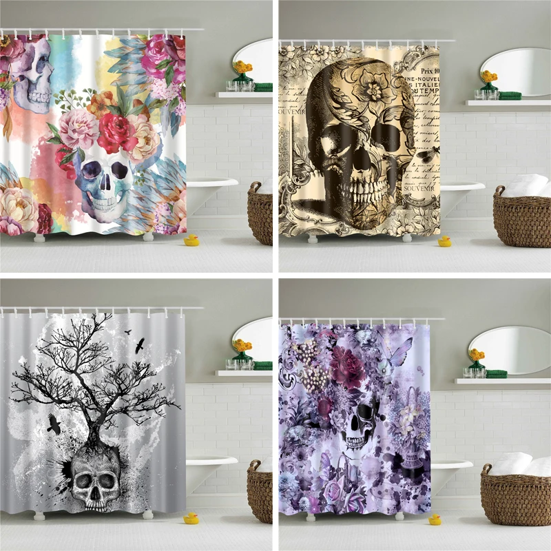 

Skull printed bathroom supply shower curtains set waterproof fabric cloth bath curtain screen with hooks