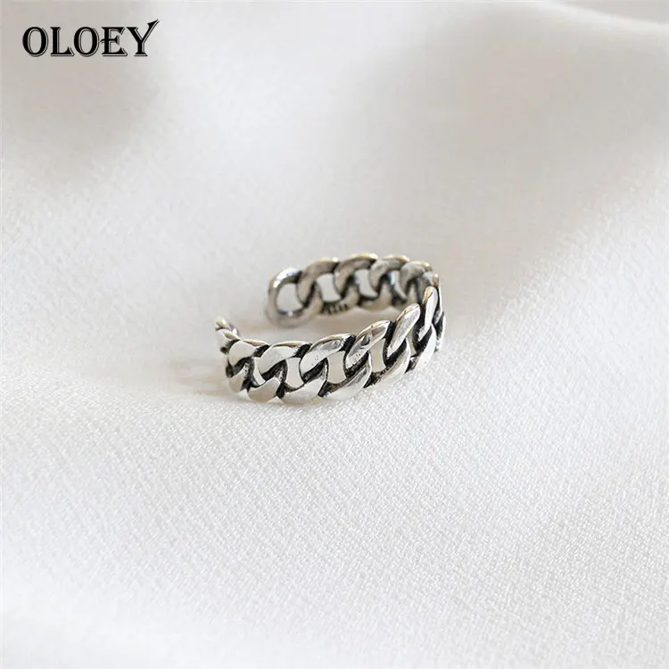 

OLOEY Real 925 Sterling Silver Adjustable Rings Retro Do the Old Trendy Chain Open Ring For Women Fine Jewelry Gift YMR072