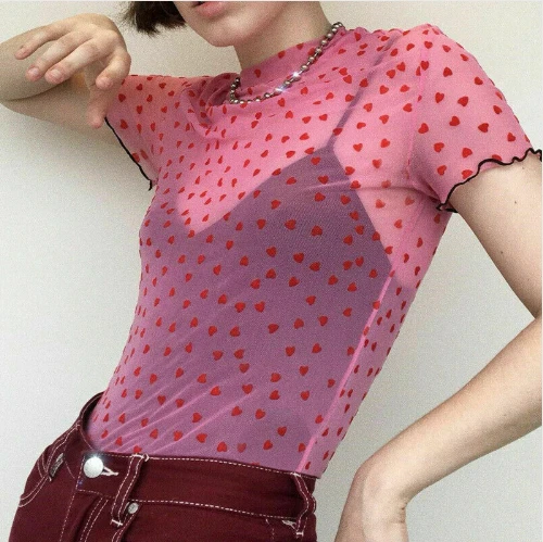 

Mesh Little Red Heart Turtleneck T Shirts 2019 Women Transparent See Through Smoky Blue Elastic Skinny Crop Tops Stretchy New
