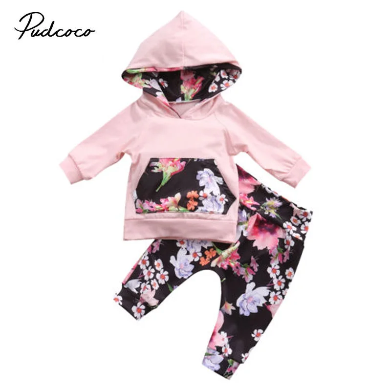 

Pudcoco Infant Newborn Baby Girls Clothes Floral Long Sleeves Hooded Tops T-shirt+Floral Leggings 2Pcs Outfit Set