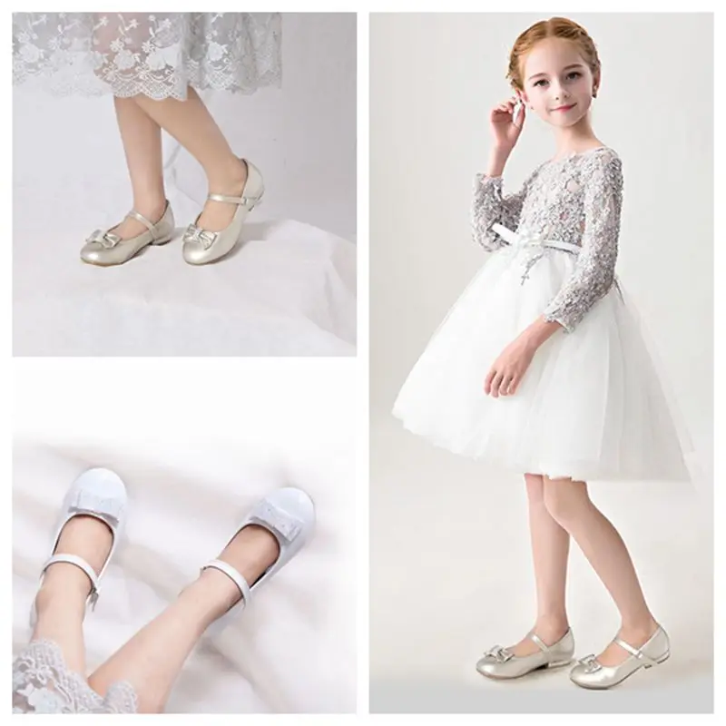 

2018 Flower Girls shoes flats dress princess leather shoe low heels with bow for children kids toddler party and wedding dancing
