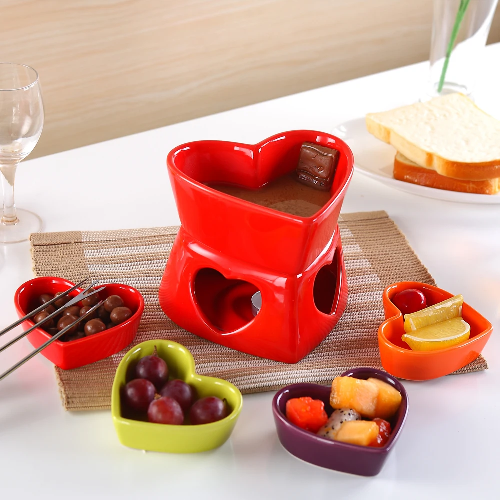 

Free shipping heart shape Ceramic chocolate fondue sets cheese hot pot cheese warmer fruit dish set with forks and candles
