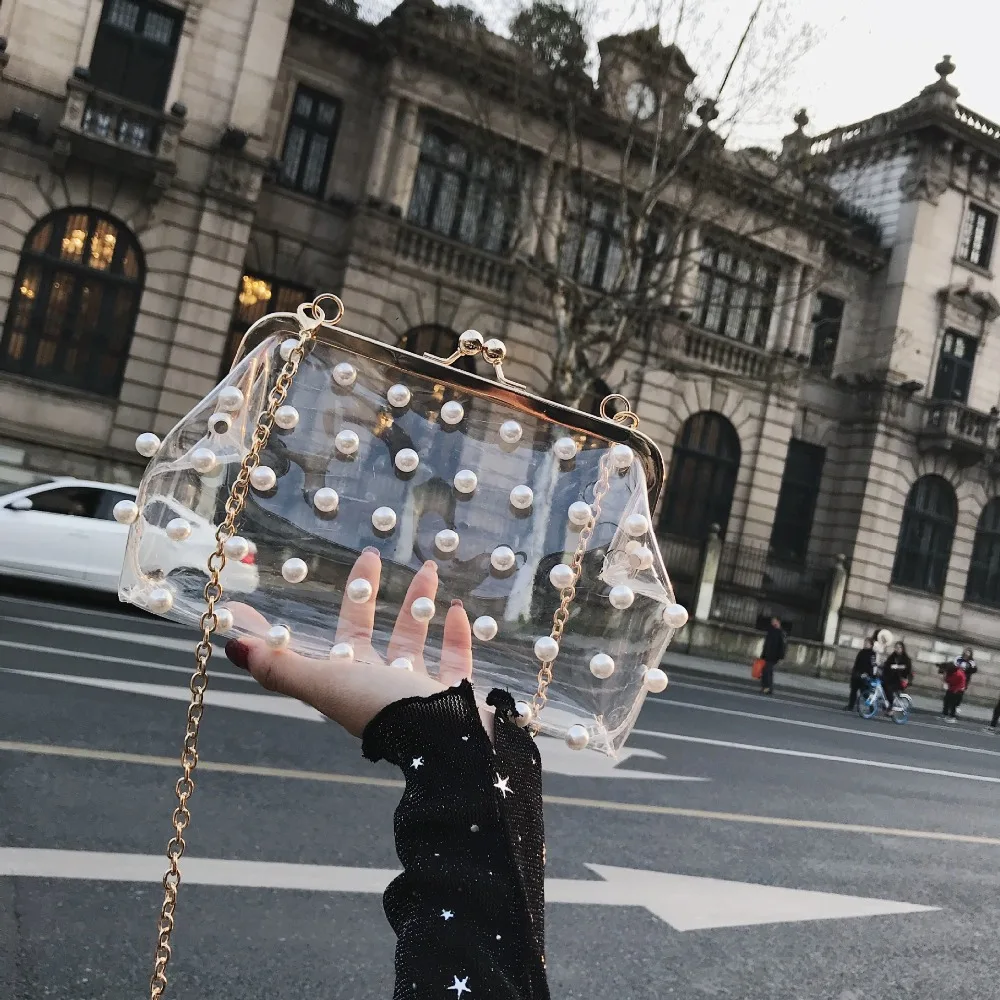 Hot 2019 Brand Fashion Shoulder Bag Pearl Beaded Crossbody Bag Wild Transparent Jelly Chain Bags For Women PU Small Square Bags