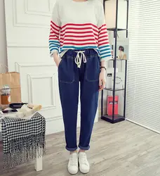 Для женщин шаровары джинсы летние штаны Мода Drawstring Harajuku корейские женские Осень Карманы капри Mujer брюки