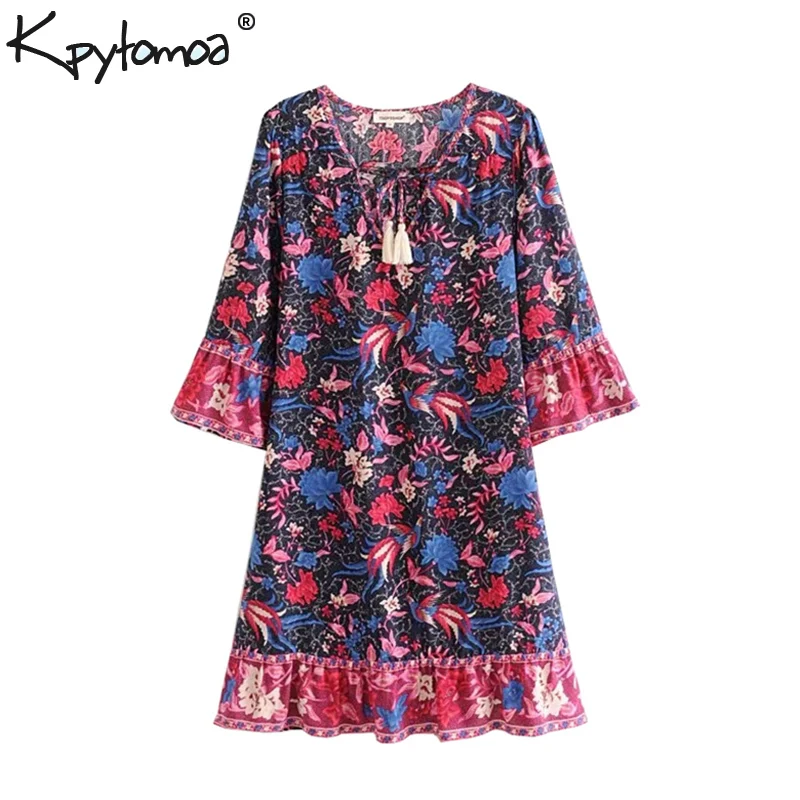 

Boho Chic Summer Vintage Floral Bird Print Mini Dress Women 2019 Fashion V Neck Lace Up Tassel Beach Dresses Vestidos Mujer