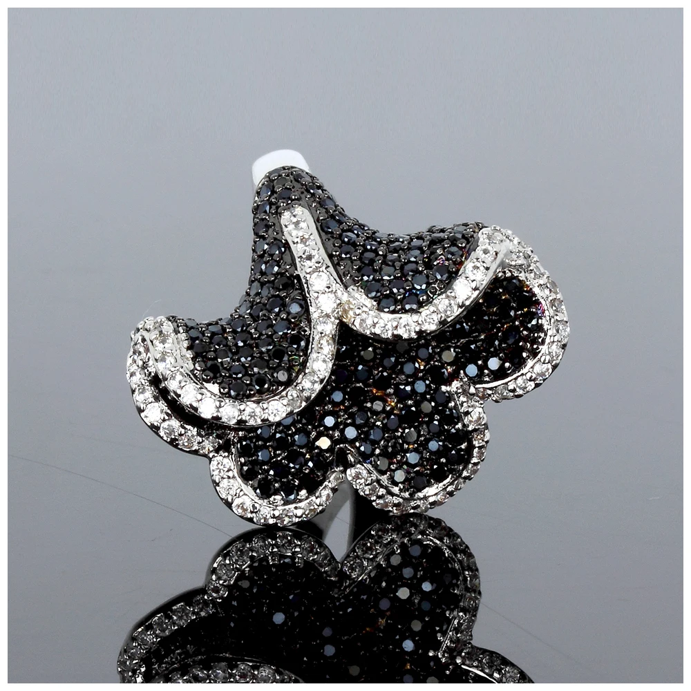 DreamCarnival 1989 Mystery Flower Rings for Party Jewelry Clear White and Black Stones Rhodium Color Mujeres Anillo SJ09144JT