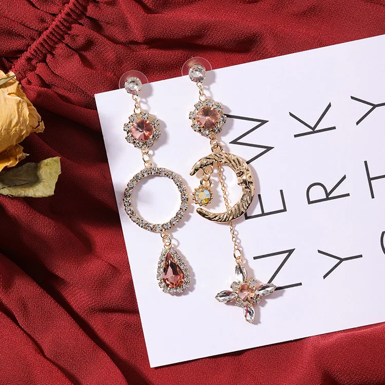 

2018 Hot New Arrive Fashion Geometric Asymmetric Rhinestone Moon Round Circle Earrings Temperament Pendientes Women Brincos