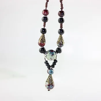 

12 Pieces/Lot Ethnic Bohemia Necklace Flower Pendants Charm Statement Chokers For Women Men Ceramic Water Drop Beads Cahins Gift