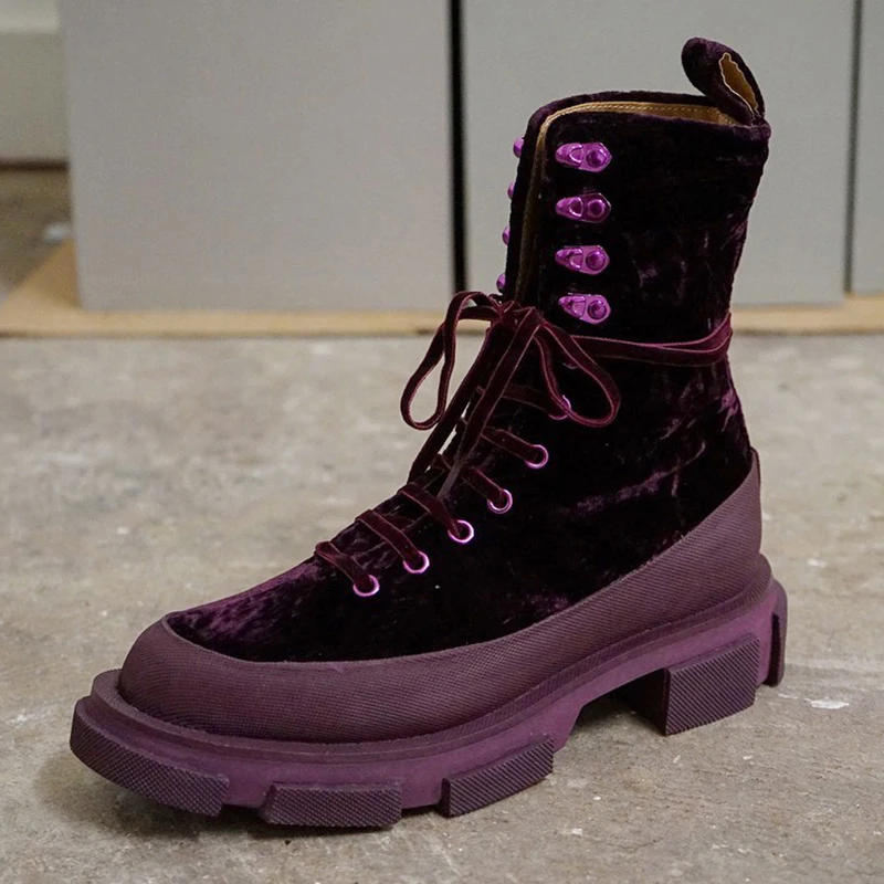 Courtes Purple Armée Chic Bottes Noir Nouveauté Travail Lacets Plateforme Velours Thickheel 2018 Buonoscarpe Style À Talons dark Hiver Bottines Britannique nxqaH