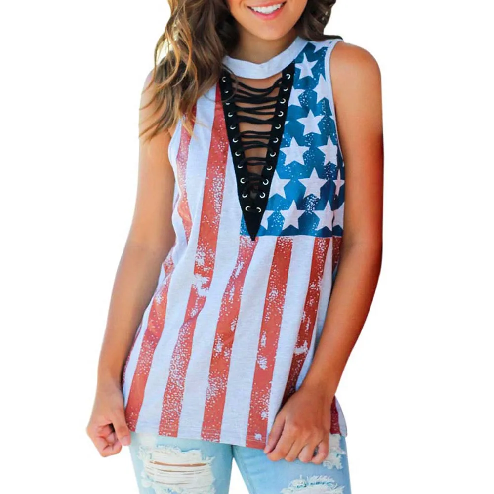 MUQGEW Women USA flag Print American Flag Sleeveless Tank Tops Vest T Shirt personality