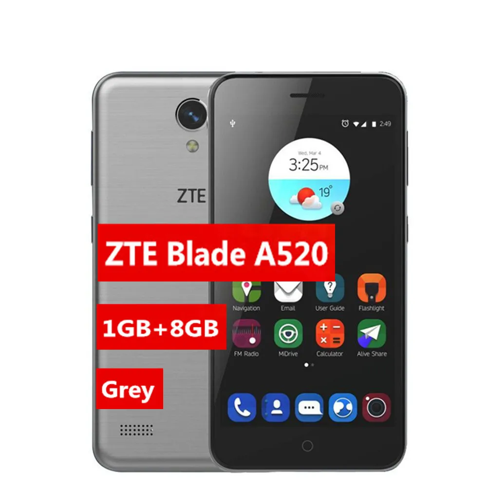 Мобильный телефон zte Blade A520 MTK6735, 1 ГБ ОЗУ, 8 Гб ПЗУ, 5,0 дюйма, две sim-карты, фронтальная и задняя камера, четыре ядра, 720 P, Android 6,0, мобильный телефон - Цвет: Grey 1GB 8GB