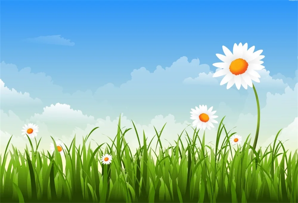 

Laeacco Baby Cartoon Sunflower Green Grass Bule Sky Party Scenic Photo Backgrounds Photographic Backdrops For Photo Studio