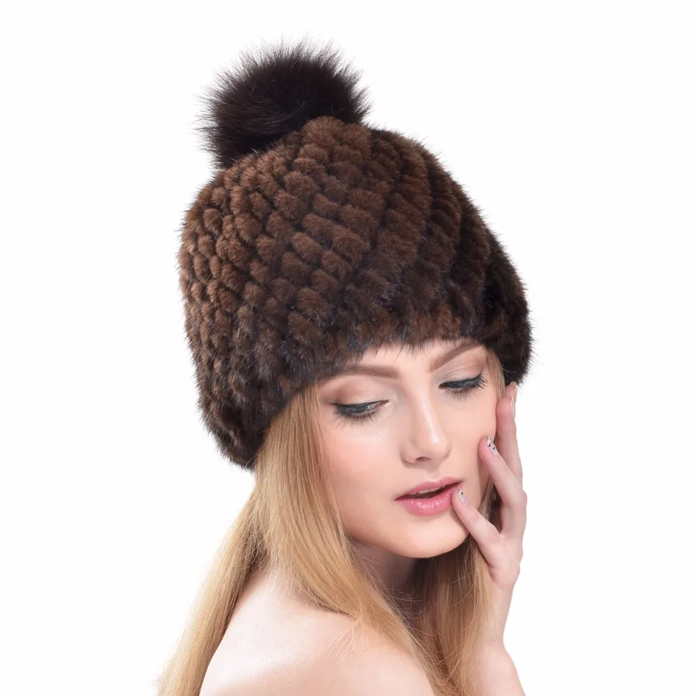 2016 Autumn Winter Super Warm Lovely Ear Flaps Women Genuine Mink Fur Muffs Pineapple Cap Lady Luxury Fur Hat Hair Ball Fur