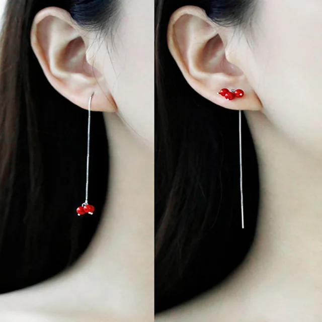 Silver Plated Red Bead Long Earrings Female Temperament Ear Line Silver Plated Red Bead Long Earrings Female Temperament Ear Line Brief Vogue Sweet Drop For