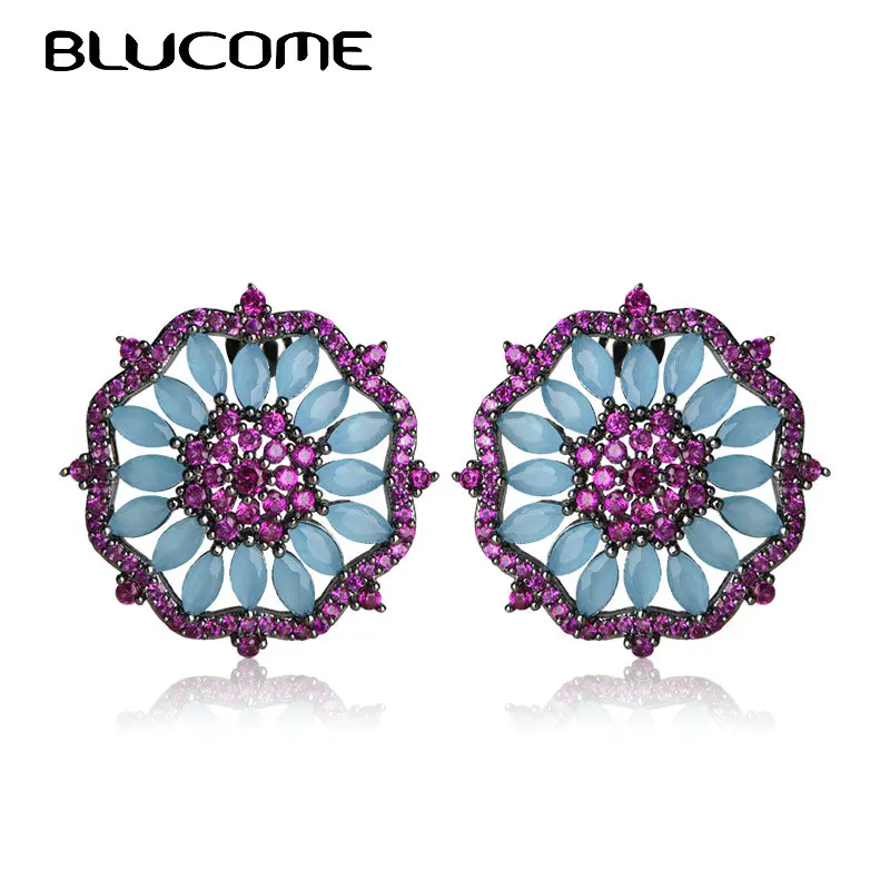 

Blucome Fashion Earrings Nigerian Style Flower Round Blue Zircon Gun Black Copper Stud Earring For Women's Banquet Party Jewelry