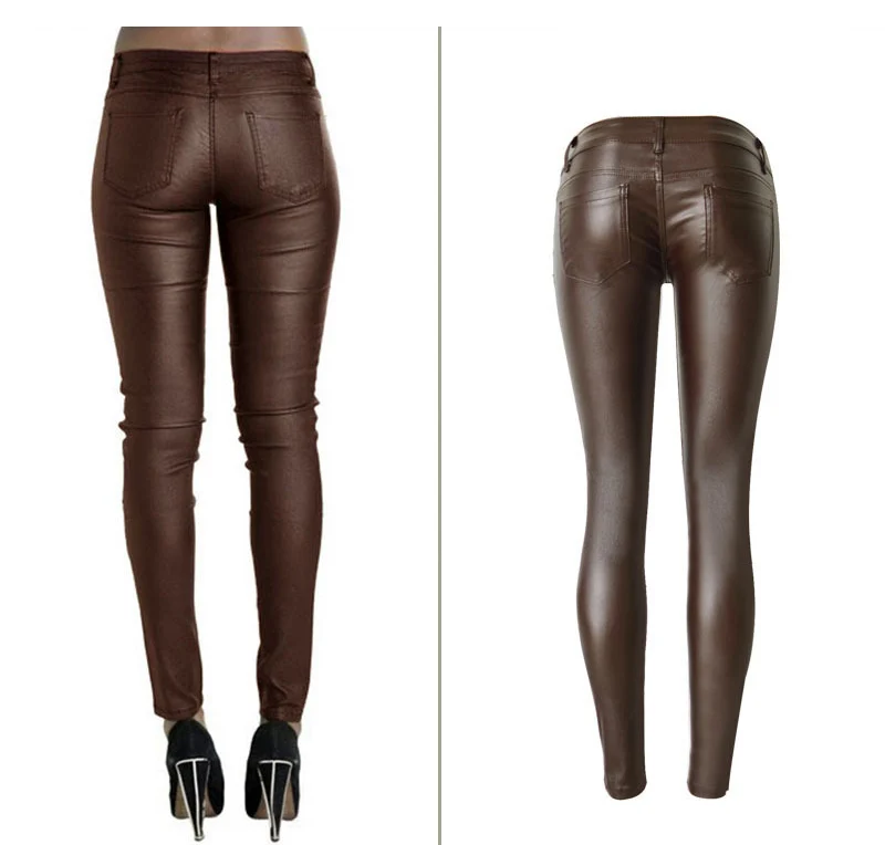 Новые модные женские коричневые эластичные узкие брюки с низкой талией, Сексуальные облегающие кожаные брюки с полиуретановым покрытием размера плюс