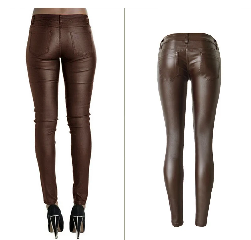 New Fashion Women's Brown Low-waist Elastic Pencil Pants Trousers Sexy Tight PU Coating imitate Leather Pants with Plus Size (7)