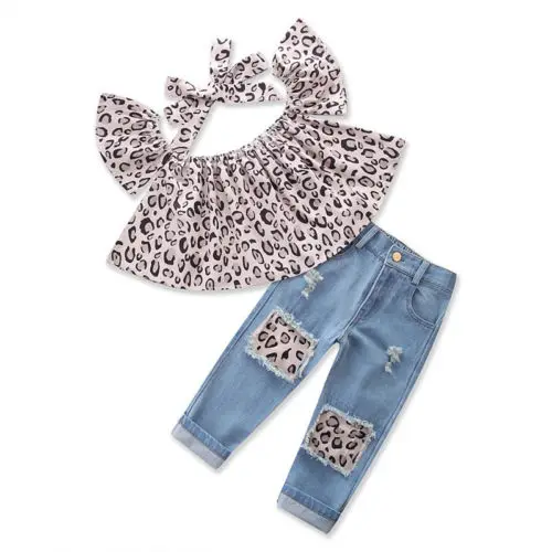 Комплект из 3 предметов для маленьких девочек топы с леопардовым принтом и открытыми плечами+ джинсы с дырками+ повязка на голову