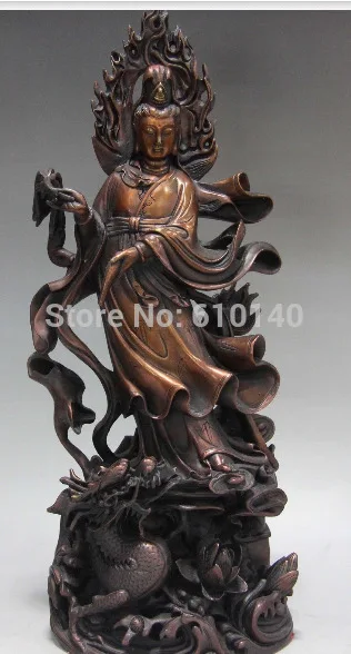 

Chinese Red Copper Bronze Standing Dragon Guan Yin Kwan-yin Boddhisattva Statue