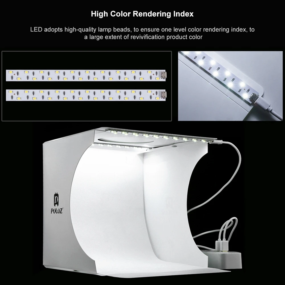 

PULUZ 24x23x22cm Photo Studio Kit Photography Box Cool White 5600K Led Lighting Shadowless Light Panels With 6 Colors Backdrops