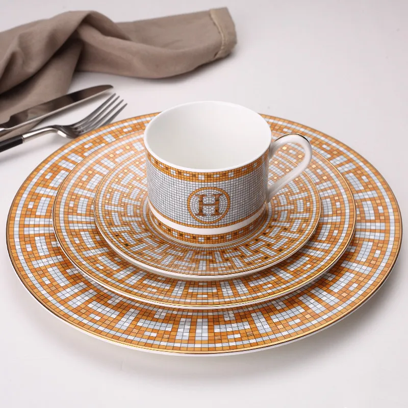 

Ceramic Dinner Plates Geometric Pattern Ceramic Dish Dinner Plate Yellow Grid Dinnerware Set