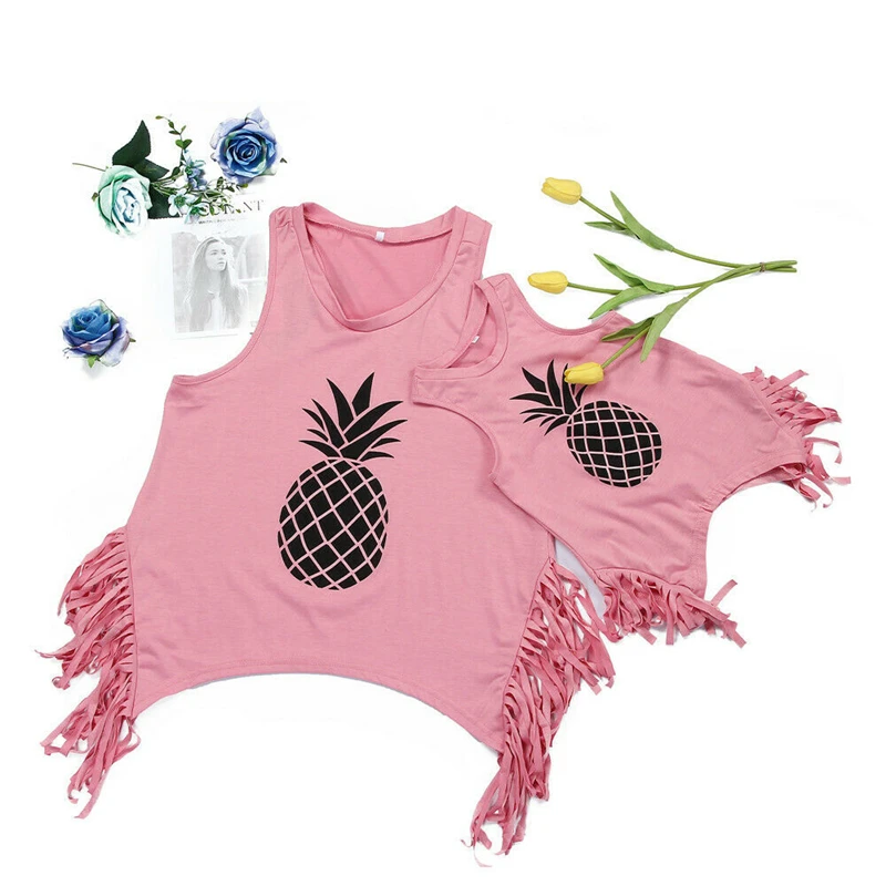 

Family Matching Clothes Mother and Daughter O Neck Sleeveless T-shirt Pineapple Print Tassels Tee Tops Fashion Casual Top Summer