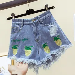 2019 новые летние шорты женские Harajuku вышитые фрукты джинсовые шорты кисточкой ретро рваные с высокой талией джинсовые разогревающие штаны