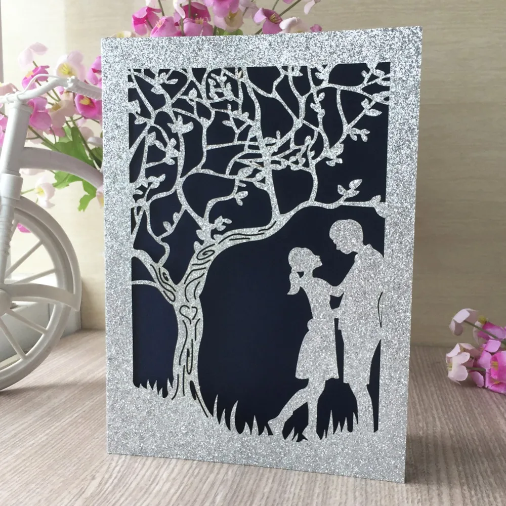 

30pcs Romantic Engagement Marriage Wedding Invitation Card under tree with Couple Laser Cut Glitter Rose Gold Pink Silver Color
