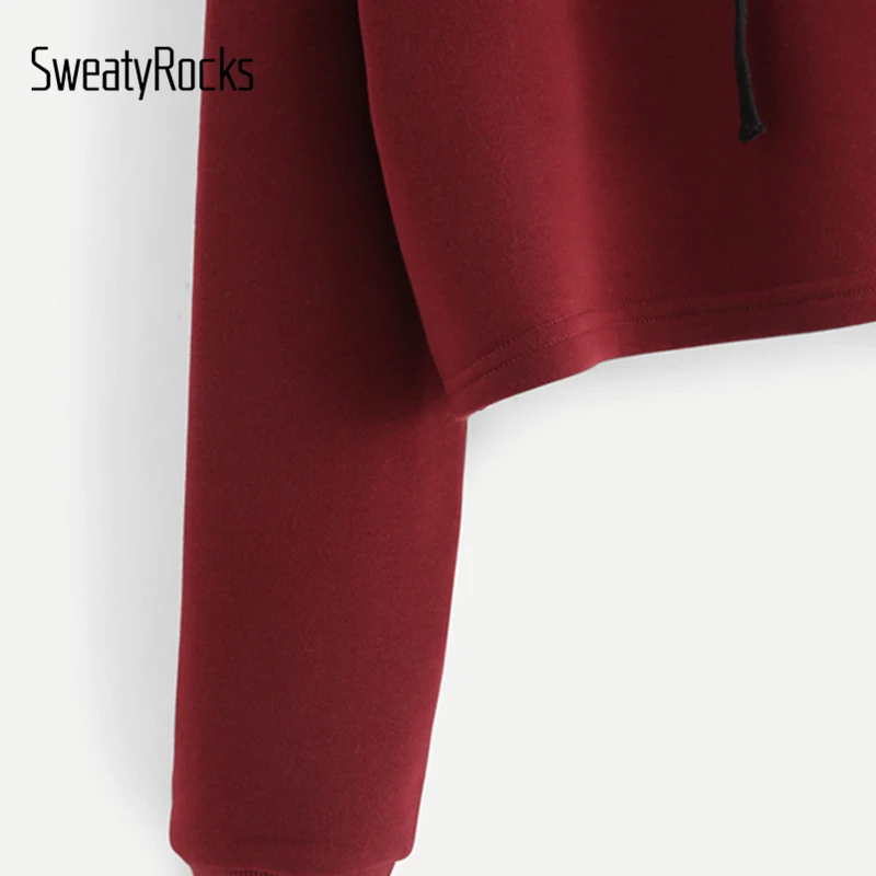 SweatyRocks Burgundy Hooded Drawstring Cashmere Sweatshirt Long Sleeve Casual Pullovers Autumn Women Sweatshirt