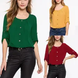 Модные однотонные шифоновые рубашки Для женщин женские свободные рукава три четверти шифон Повседневная блузка рубашка блузка желтый