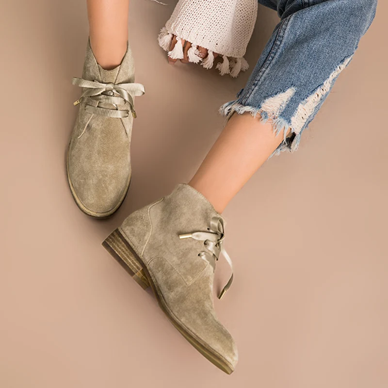 Najtaniej BeauToday kobiety botki prawdziwej skóry krowa zamszowa gumowa koronka buty marki buty damskie wysokiej jakości 03080