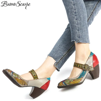 

Ethnic Women Heels Pumps Buckle Round Toe Mary Janes Shoes Carved Wings Sexy Elegant Lady Heels Pumps Patchwork High Heel Pumps