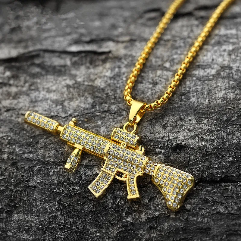 New M4 Carbine Machine Gun Necklace Gold Filled Mens Hip hop Necklace