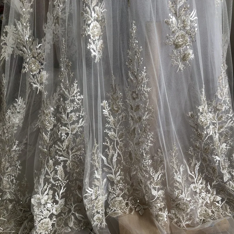 

SASKIA 1Yard High Quality Handmade Beaded Bridal Fabric 49" Width Ivory Wedding Dress Lace Fabric Mesh Embroidery Sequin Fabrics