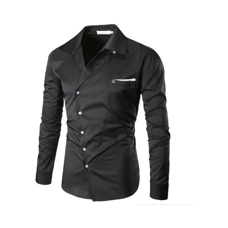 12-1          New European and American style irregular fashion men's white long-sleeved shirt Slanting door men's shirt