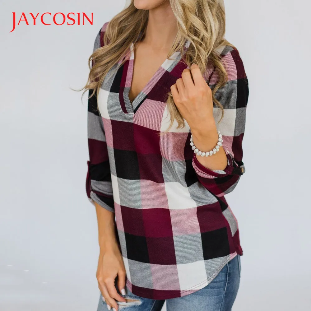 Jaycosin одежда кнопка клетчатая женская рубашка Топ Девушки Леди Весна Лето с длинным рукавом V образным вырезом офисная Повседневная клетчатая рубашка